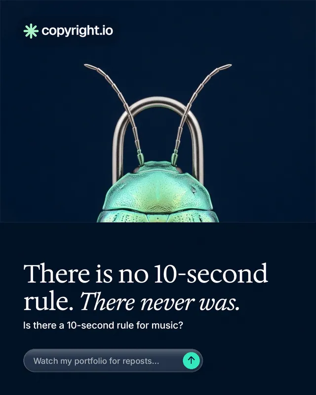 Instagram portrait post for copyright.io: "There is no 10-second rule. There never was." Agentic glass style, bottom layout, dark palette in black, grey, blue.
