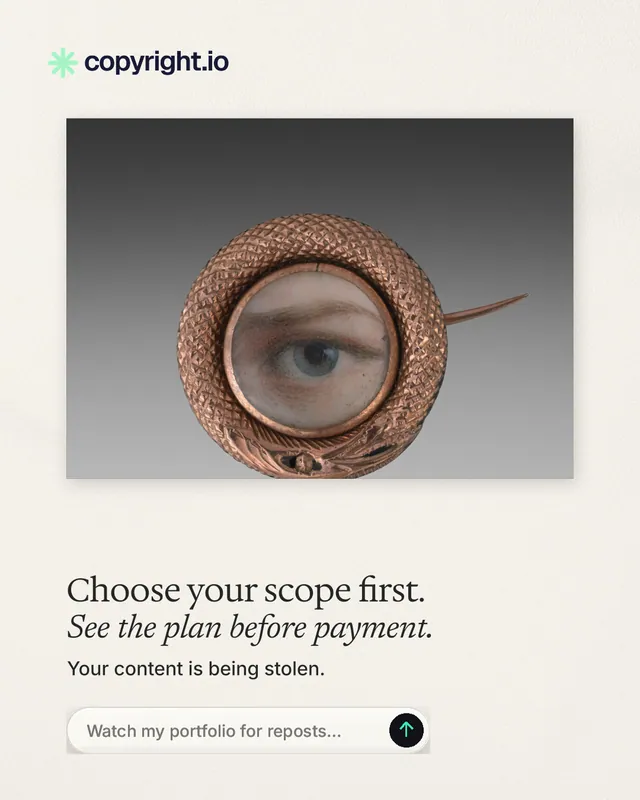 Instagram portrait post for copyright.io: "Choose your scope first. See the plan before payment." Agentic glass style, bottom layout, light palette in grey, white.
