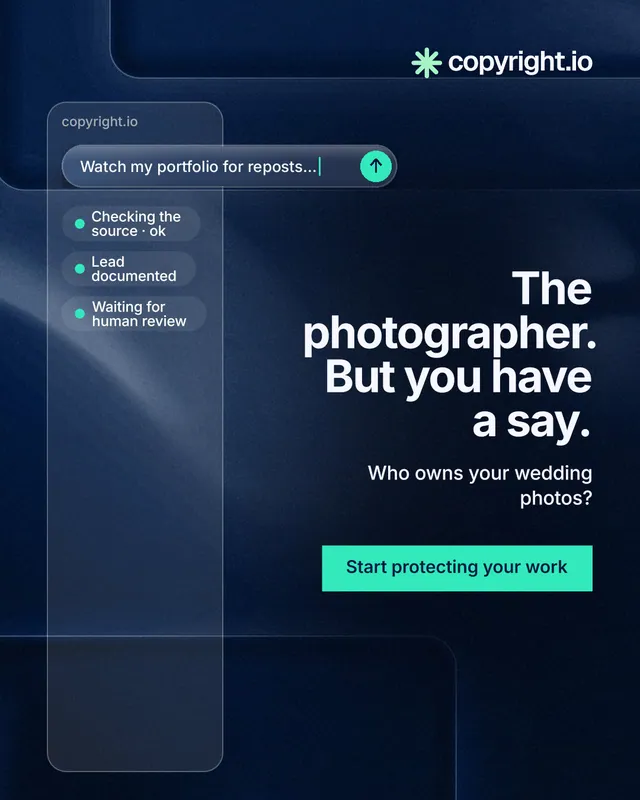Instagram portrait post for copyright.io: "The photographer. But you have a say." Swiss style, right layout, dark palette in blue, black.