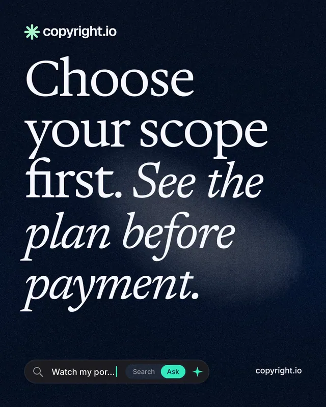 Instagram portrait post for copyright.io: "Choose your scope first. See the plan before payment." Thermal style, poster layout, dark palette in black, blue, grey.
