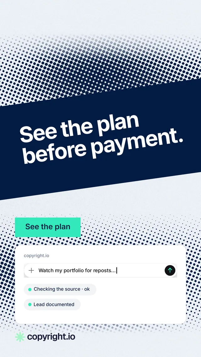 Instagram story for copyright.io: "See the plan before payment." Swiss style, diagonal layout, light palette in white, blue, grey.