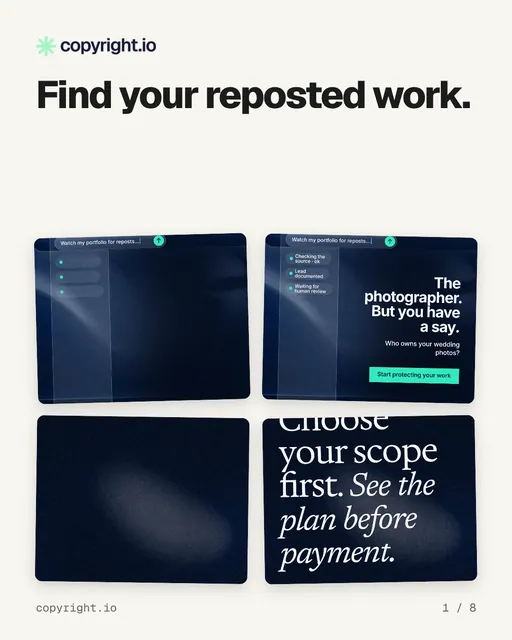 Carousel for copyright.io: "Find your reposted work.". Collection carousel, 8 slides, light palette.