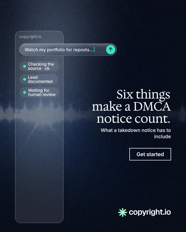 Instagram portrait post for copyright.io: "Six things make a DMCA notice count." Dark deco style, right layout, dark palette in blue, black, grey.