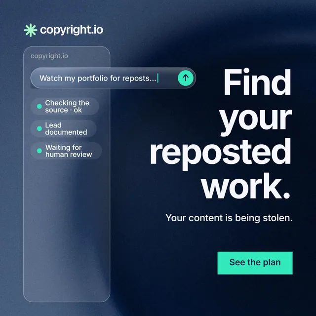 Instagram post for copyright.io: "Find your reposted work." Swiss style, right layout, dark palette in blue, black, grey.