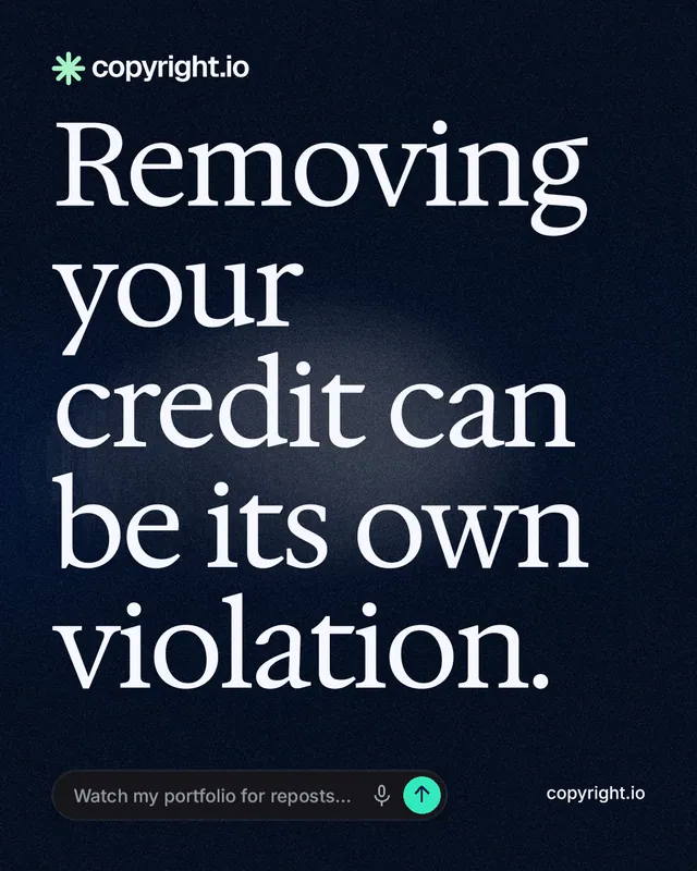 Instagram portrait post for copyright.io: "Removing your credit can be its own violation." Thermal style, poster layout, dark palette in black, grey.