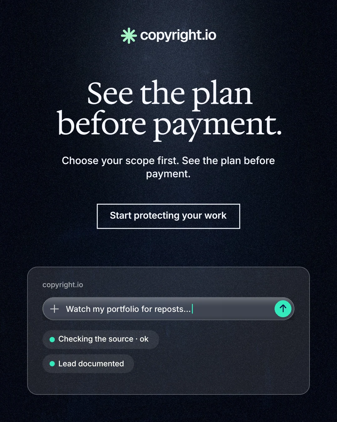 Instagram portrait post for copyright.io: "See the plan before payment." Dark deco style, centred layout, dark palette in blue, black, grey.
