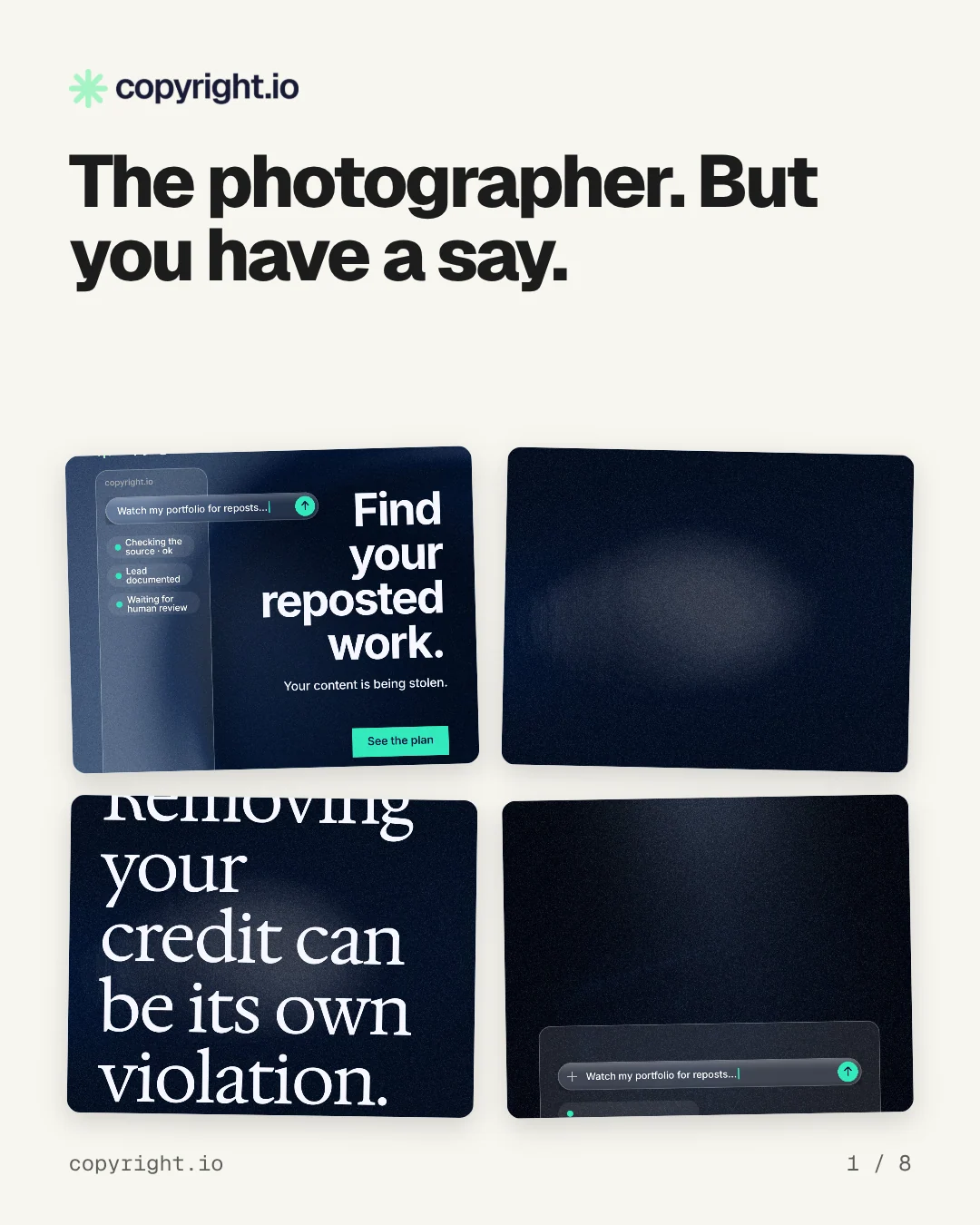 Carousel for copyright.io: "The photographer. But you have a say.". Collection carousel, 8 slides, light palette.
