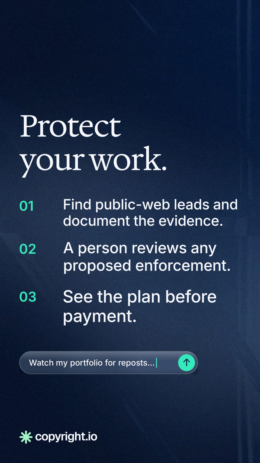 Instagram story for copyright.io: "Protect your work." Agentic glass style, numbered layout, dark palette in blue, black.