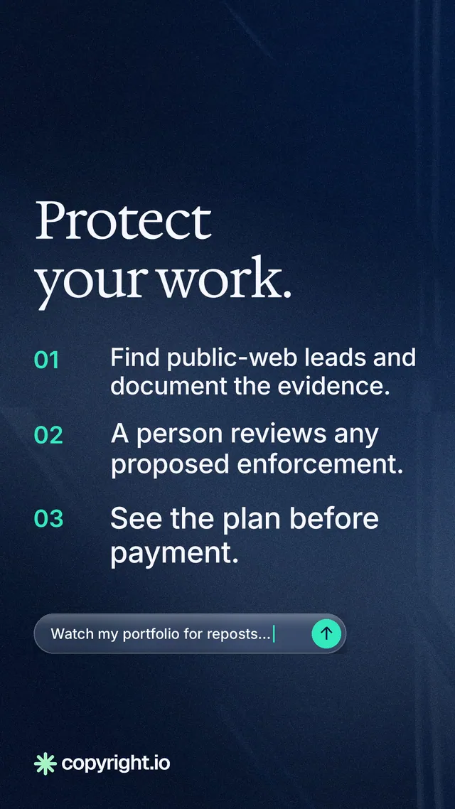 Instagram story for copyright.io: "Protect your work." Agentic glass style, numbered layout, dark palette in blue, black.