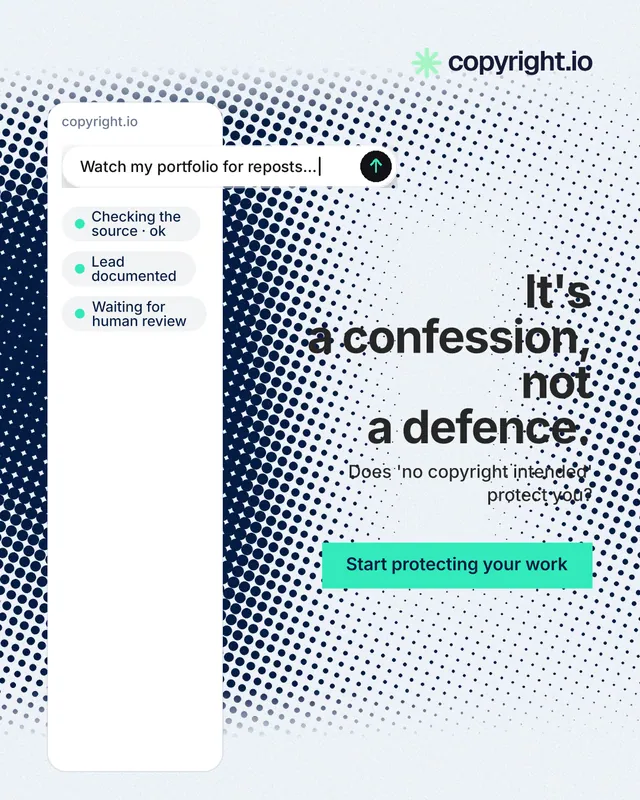 Instagram portrait post for copyright.io: "It's a confession, not a defence." Swiss style, right layout, light palette in white, blue, grey.