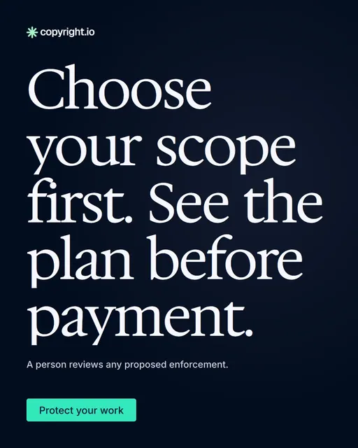 Video for copyright.io: "Choose your scope first. See the plan before payment.". Doc motion loop, 7.0 s, dark palette.