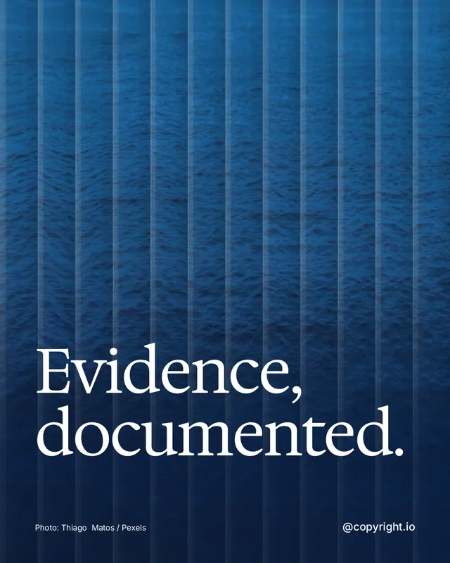 Instagram portrait post for copyright.io: "Evidence, documented." Photo style, technique:fluted glass layout, dark palette in blue.