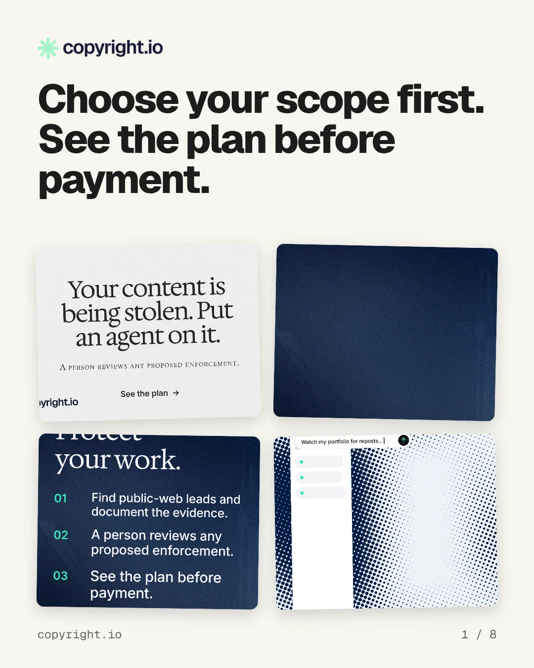 Carousel for copyright.io: "Choose your scope first. See the plan before payment.". Collection carousel, 8 slides, light palette.