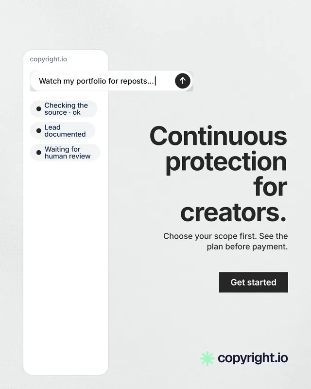 Instagram portrait post for copyright.io: "Continuous protection for creators." Swiss style, right layout, light palette in white, grey.
