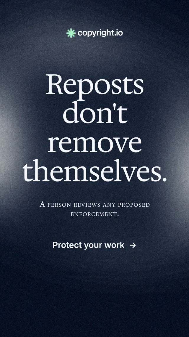 Instagram story for copyright.io: "Reposts don't remove themselves." Cyanotype style, smallcaps layout, dark palette in blue, black, grey.