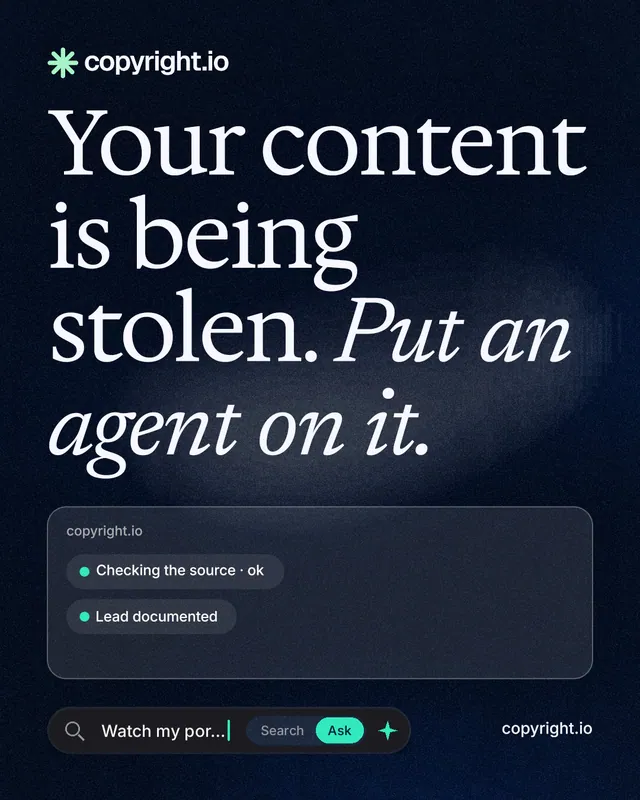 Instagram portrait post for copyright.io: "Your content is being stolen. Put an agent on it." Thermal style, poster layout, dark palette in blue, black, grey.