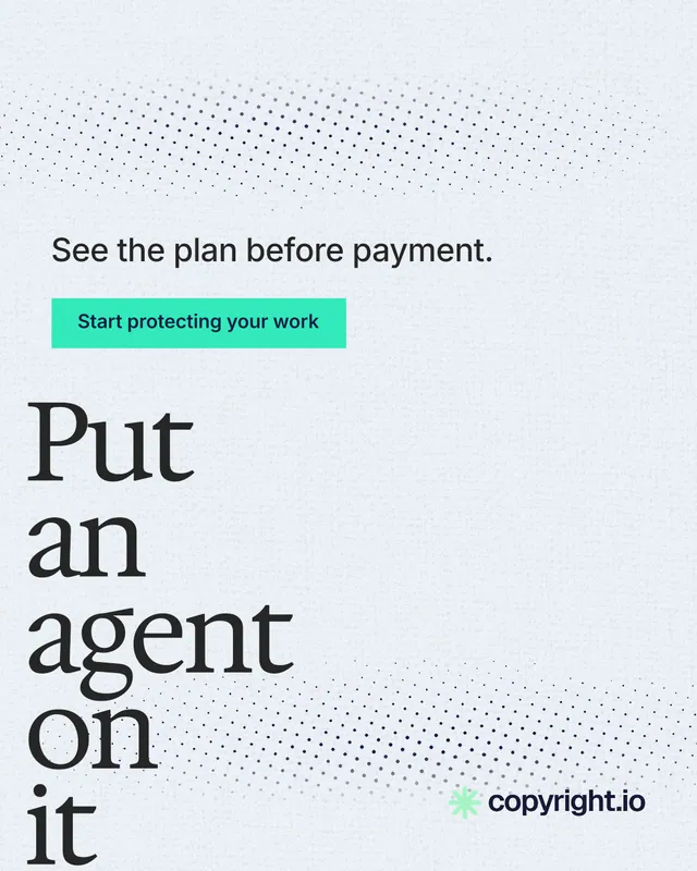 Instagram portrait post for copyright.io: "Put an agent on it." Swiss style, oversized layout, light palette in white, teal.