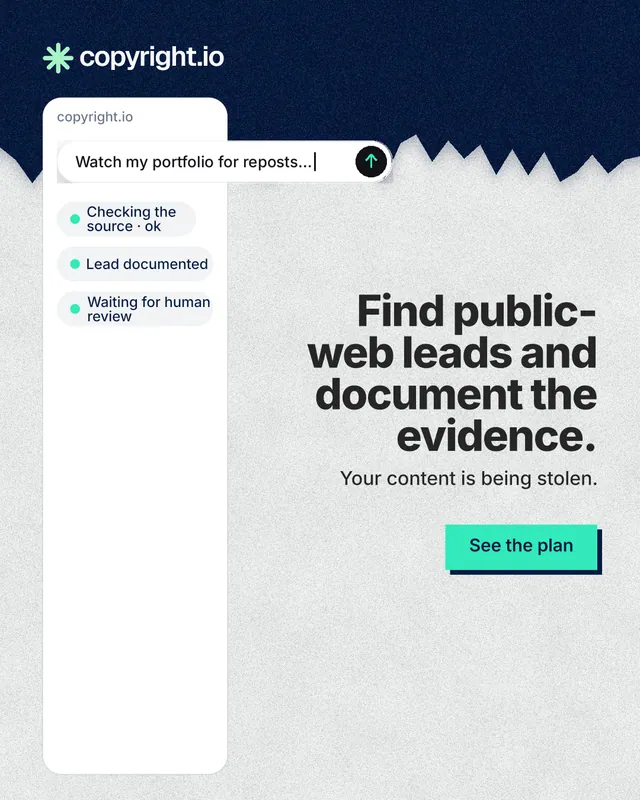 Instagram portrait post for copyright.io: "Find public-web leads and document the evidence." Paper trio style, right layout, light palette in white, blue.