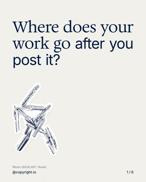 Carousel for copyright.io: "Where does your work go after you post it?". Cutout essay, 6 slides, light palette.