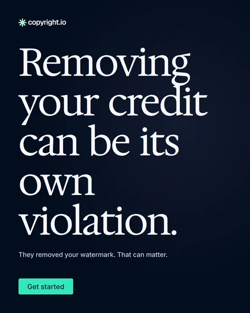 Video for copyright.io: "Removing your credit can be its own violation.". Doc motion loop, 6.0 s, dark palette.