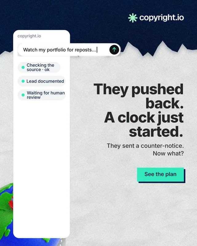 Instagram portrait post for copyright.io: "They pushed back. A clock just started." Paper trio style, right layout, light palette in white, blue, grey.