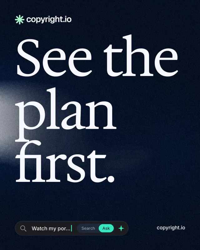 Instagram portrait post for copyright.io: "See the plan first." Thermal style, poster layout, dark palette in black, grey.