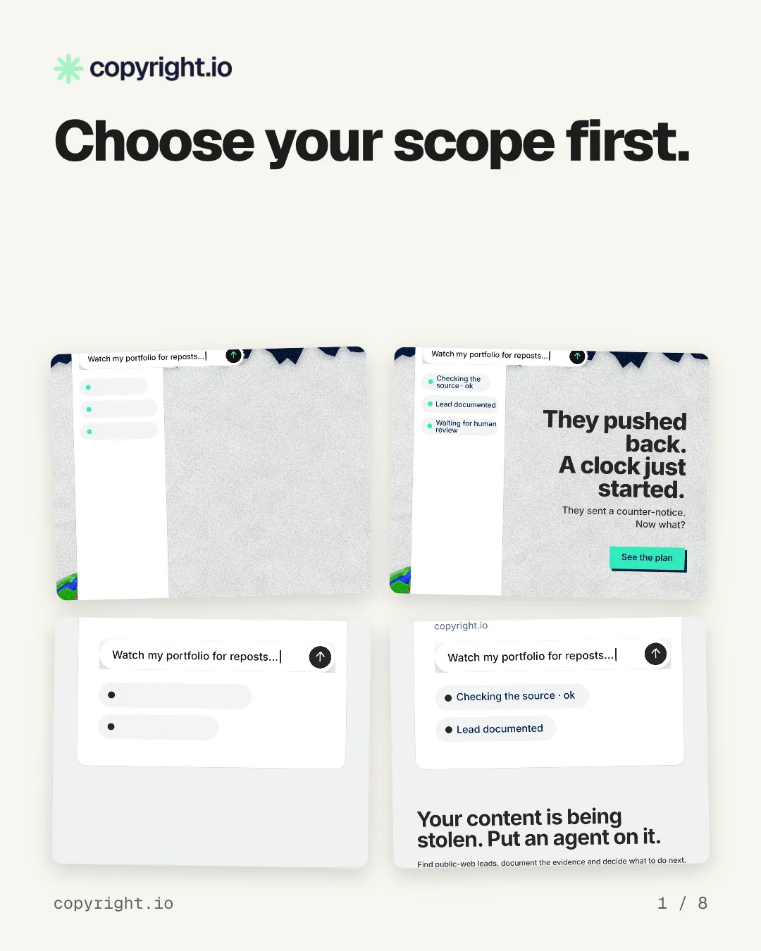 Carousel for copyright.io: "Choose your scope first.". Collection carousel, 8 slides, light palette.