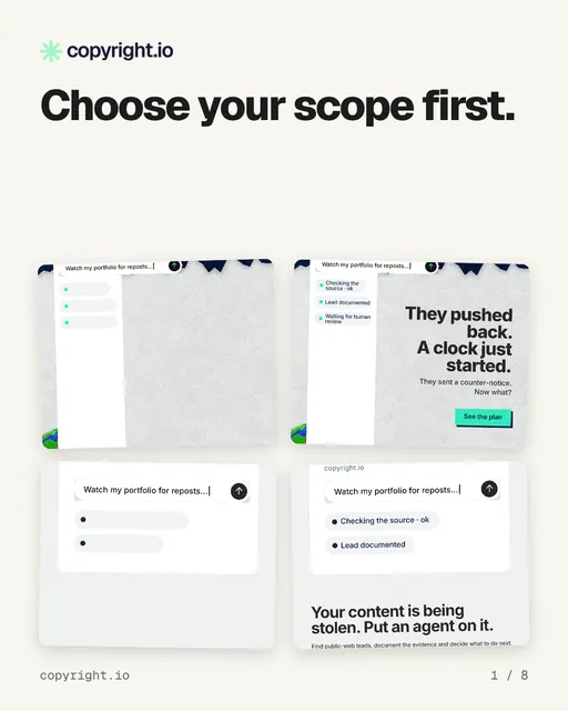 Carousel for copyright.io: "Choose your scope first.". Collection carousel, 8 slides, light palette.