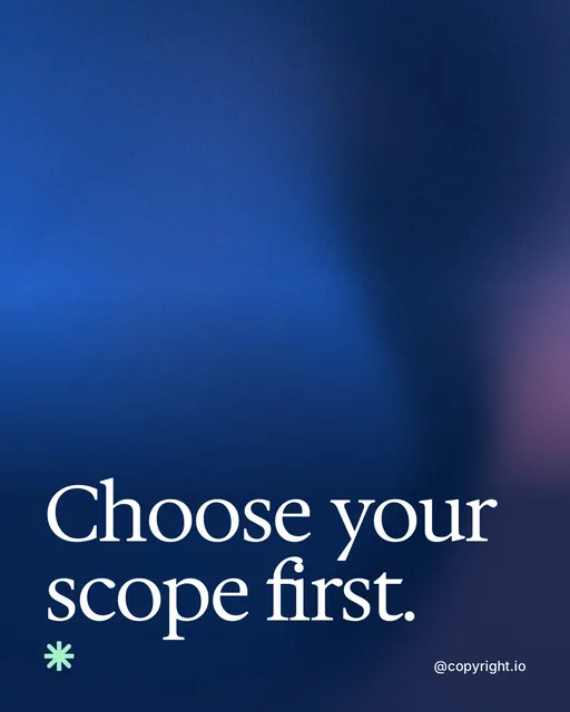 Video for copyright.io: "Choose your scope first.". Shader loop, 6.0 s, dark palette.