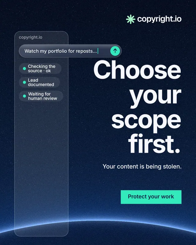 Instagram portrait post for copyright.io: "Choose your scope first." Swiss style, right layout, dark palette in blue, black.