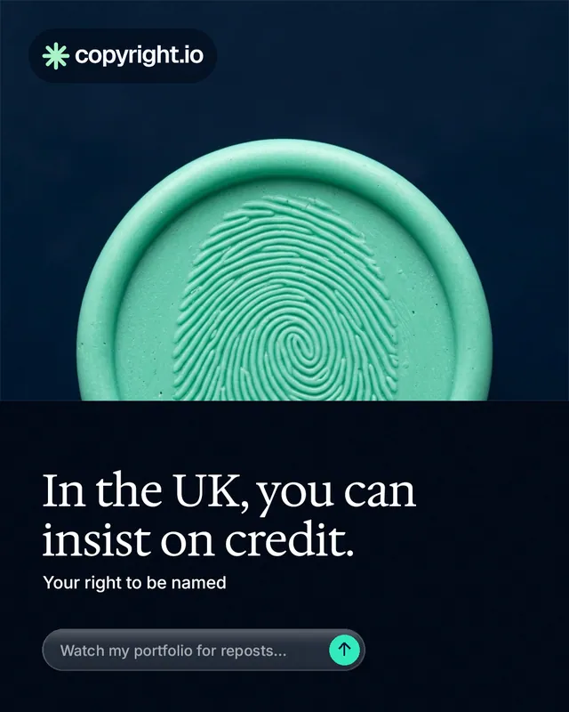 Instagram portrait post for copyright.io: "In the UK, you can insist on credit." Agentic glass style, bottom layout, dark palette in black, blue, teal.