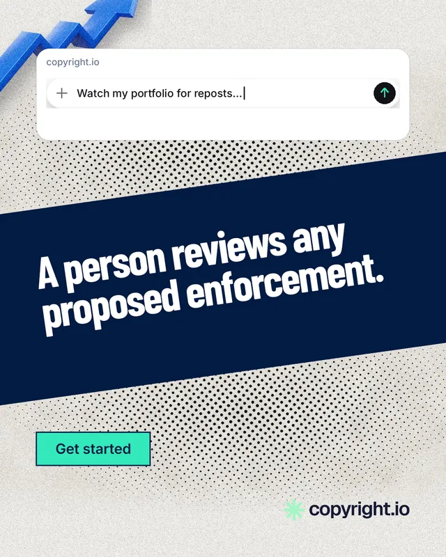 Instagram portrait post for copyright.io: "A person reviews any proposed enforcement." Ink sticker style, diagonal layout, light palette in blue, white, grey.