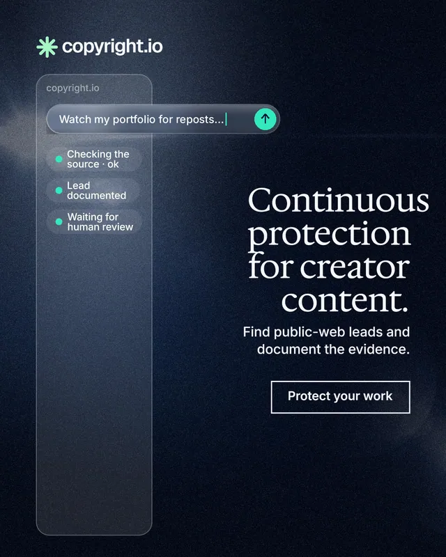 Instagram portrait post for copyright.io: "Continuous protection for creator content." Dark deco style, right layout, dark palette in blue, grey, black.