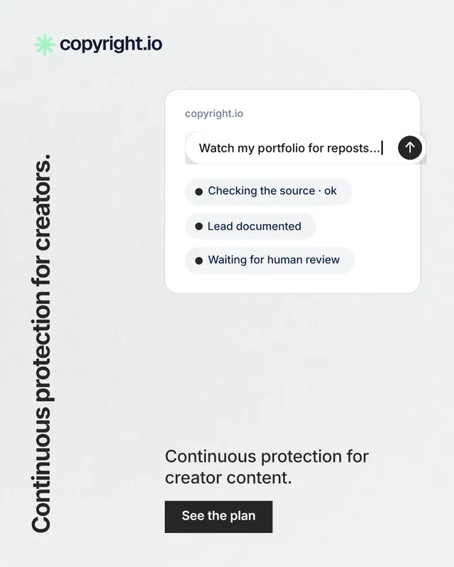 Instagram portrait post for copyright.io: "Continuous protection for creators." Swiss style, vertical layout, light palette in white.