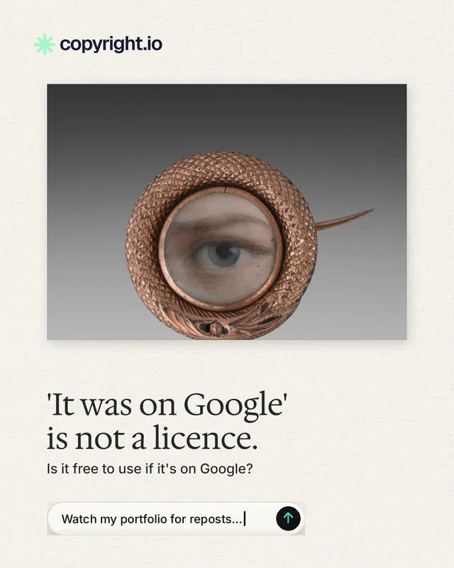 Instagram portrait post for copyright.io: "'It was on Google' is not a licence." Agentic glass style, bottom layout, light palette in white, grey.