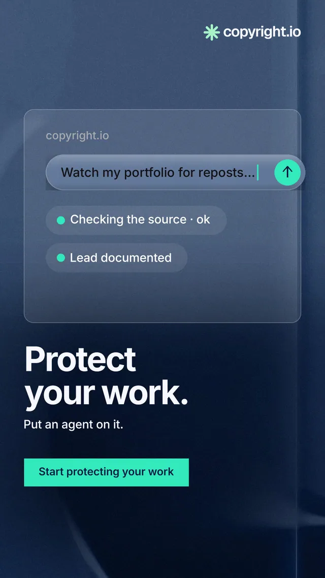 Instagram story for copyright.io: "Protect your work." Swiss style, bottom layout, dark palette in black, blue, teal.