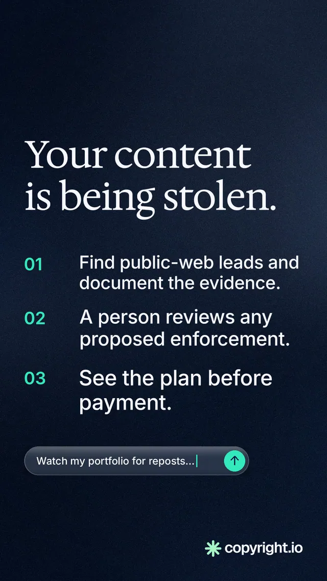 Instagram story for copyright.io: "Your content is being stolen." Agentic glass style, numbered layout, dark palette in blue, black, grey.