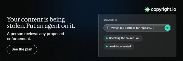 X header for copyright.io: "Your content is being stolen. Put an agent on it." Phosphor atlas style, bottom layout, dark palette in black, grey.