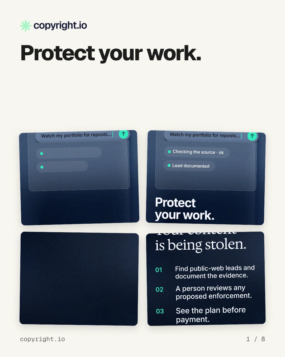 Carousel for copyright.io: "Protect your work.". Collection carousel, 8 slides, light palette.