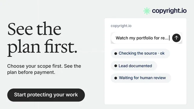 Landscape graphic for copyright.io: "See the plan first." Data card style, bottom layout, light palette in white, grey.