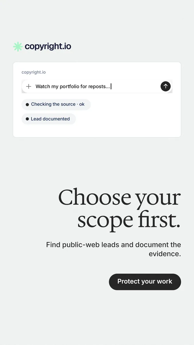 Instagram story for copyright.io: "Choose your scope first." Data card style, right layout, light palette in white.