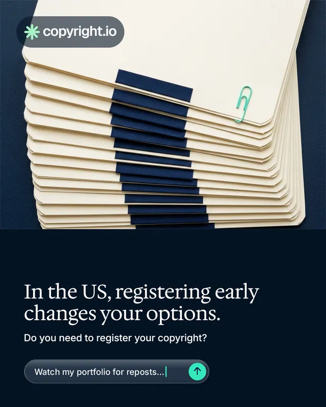 Instagram portrait post for copyright.io: "In the US, registering early changes your options." Agentic glass style, bottom layout, dark palette in yellow, black, blue.
