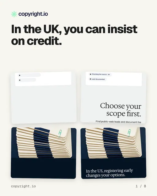 Carousel for copyright.io: "In the UK, you can insist on credit.". Collection carousel, 8 slides, light palette.