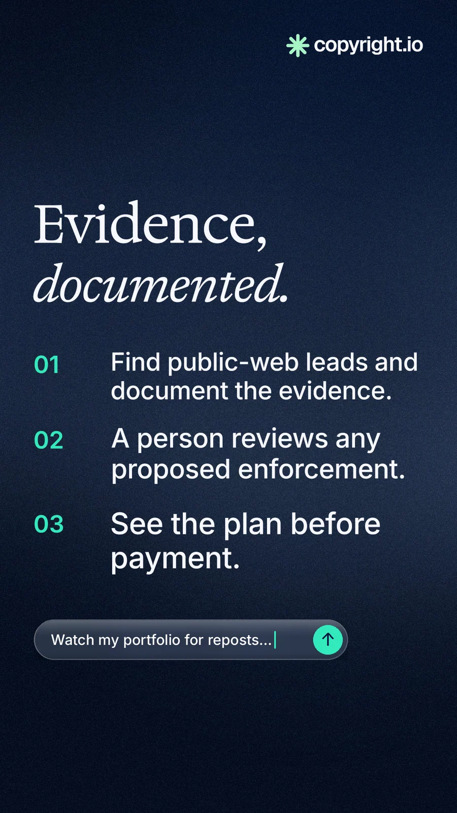 Instagram story for copyright.io: "Evidence, documented." Agentic glass style, numbered layout, dark palette in blue, black, grey.