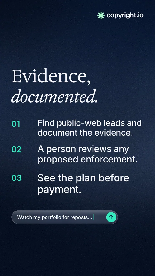 Instagram story for copyright.io: "Evidence, documented." Agentic glass style, numbered layout, dark palette in blue, black, grey.