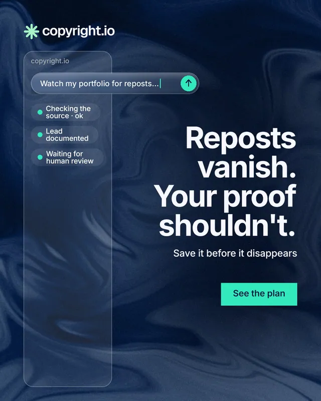 Instagram portrait post for copyright.io: "Reposts vanish. Your proof shouldn't." Swiss style, right layout, dark palette in blue, black, grey.
