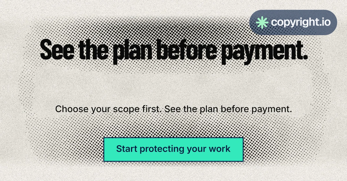 Social ad for copyright.io: "See the plan before payment." Ink sticker style, centred layout, light palette in white, grey, green.