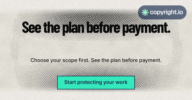 Social ad for copyright.io: "See the plan before payment." Ink sticker style, centred layout, light palette in white, grey, green.
