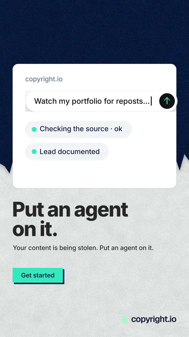 Instagram story for copyright.io: "Put an agent on it." Paper trio style, bottom layout, light palette in white, blue, grey.