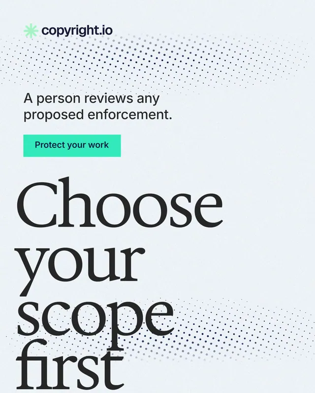 Instagram portrait post for copyright.io: "Choose your scope first." Swiss style, oversized layout, light palette in white, grey.